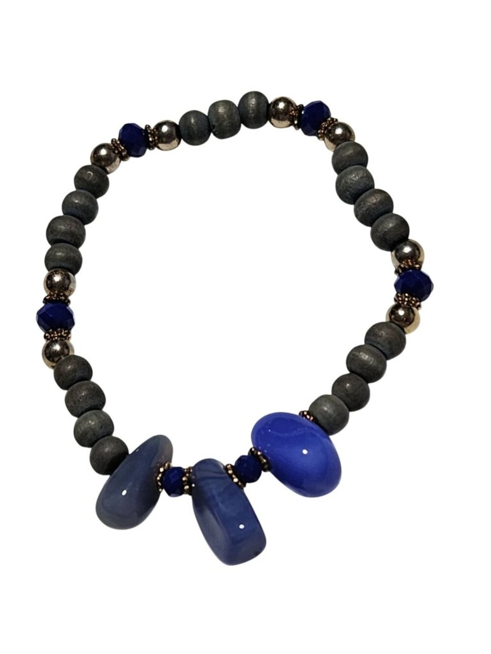 Boho Beaded Bracelet Chunky Blue Nugget Silver Tone Coastal Earthy Jewelry